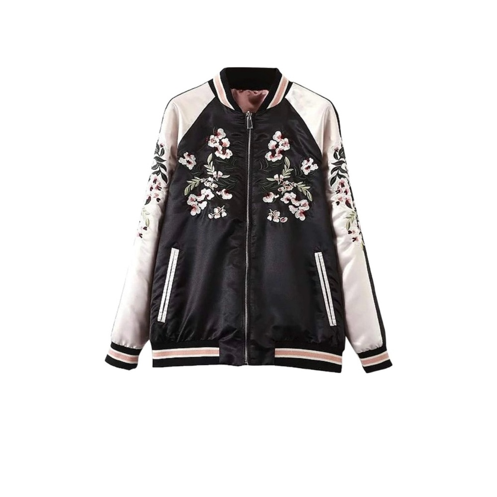 Floral Embroidered satin Women's Bomber Jacket - Black and White